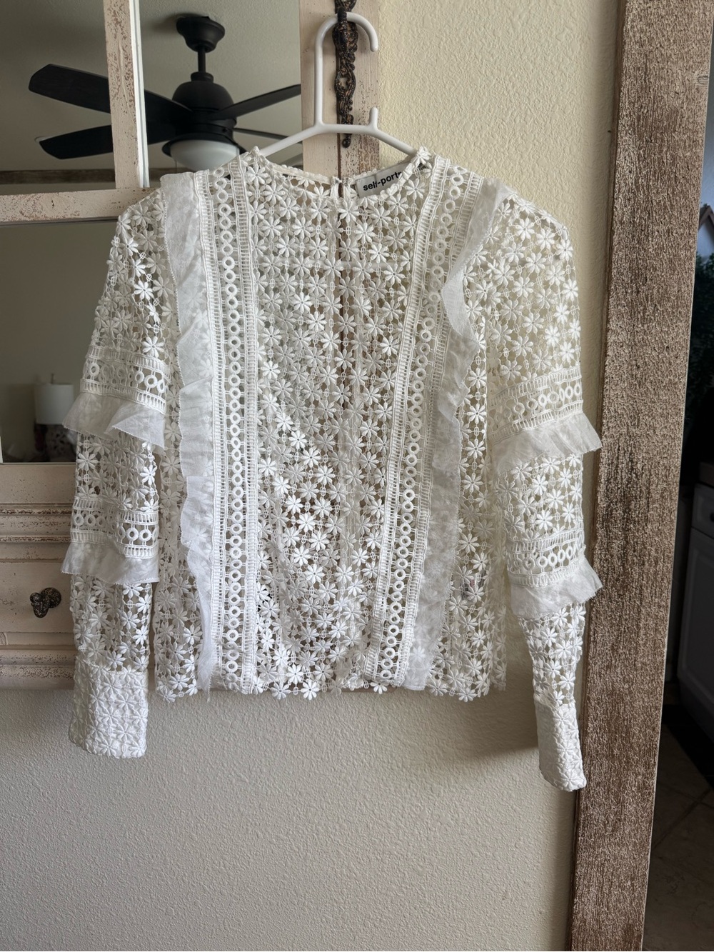 Self-Portrait White Floral Guipure Lace Blouse Ruffle Sheer Sleeves US 4